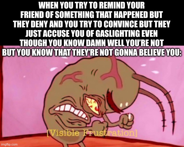 AHHHHHHHH | WHEN YOU TRY TO REMIND YOUR FRIEND OF SOMETHING THAT HAPPENED BUT THEY DENY AND YOU TRY TO CONVINCE BUT THEY JUST ACCUSE YOU OF GASLIGHTING EVEN THOUGH YOU KNOW DAMN WELL YOU’RE NOT BUT YOU KNOW THAT THEY’RE NOT GONNA BELIEVE YOU: | image tagged in visible frustration | made w/ Imgflip meme maker