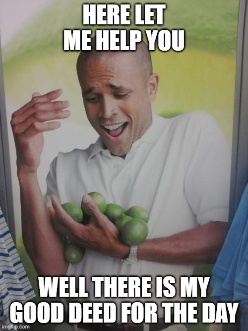 ok again | HERE LET ME HELP YOU; WELL THERE IS MY GOOD DEED FOR THE DAY | image tagged in memes,why can't i hold all these limes | made w/ Imgflip meme maker