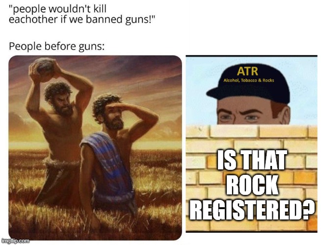 Cain vs Able | IS THAT ROCK REGISTERED? | image tagged in guns,2a,gun control | made w/ Imgflip meme maker