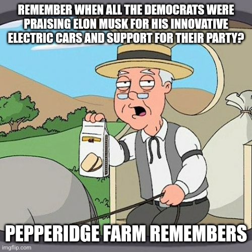 And just like Donald Trump, the fickle and backstabbing Democrat party turns on Musk when he supports their enemy. | REMEMBER WHEN ALL THE DEMOCRATS WERE PRAISING ELON MUSK FOR HIS INNOVATIVE ELECTRIC CARS AND SUPPORT FOR THEIR PARTY? PEPPERIDGE FARM REMEMBERS | image tagged in memes,pepperidge farm remembers,democrats,evil,hypocrites,elon musk | made w/ Imgflip meme maker