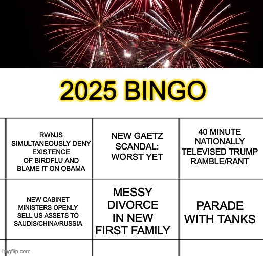 Starting my 2025 Bingo card | 2025 BINGO; 40 MINUTE NATIONALLY TELEVISED TRUMP RAMBLE/RANT; RWNJS SIMULTANEOUSLY DENY EXISTENCE OF BIRDFLU AND BLAME IT ON OBAMA; NEW GAETZ SCANDAL: WORST YET; MESSY DIVORCE IN NEW FIRST FAMILY; PARADE WITH TANKS; NEW CABINET MINISTERS OPENLY SELL US ASSETS TO SAUDIS/CHINA/RUSSIA | image tagged in happy new year,news,disaster,bingo | made w/ Imgflip meme maker