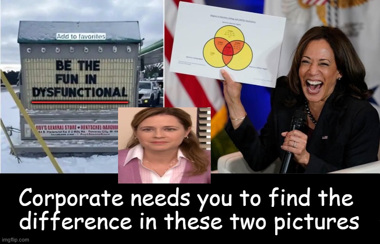 FUN & Joy but a Dysfunctional Democrat | _______; Corporate needs you to find the 
difference in these two pictures | image tagged in kamala harris,dysfunctional,democrat,venn diagram,corporate needs you to find the differences,biggest loser | made w/ Imgflip meme maker