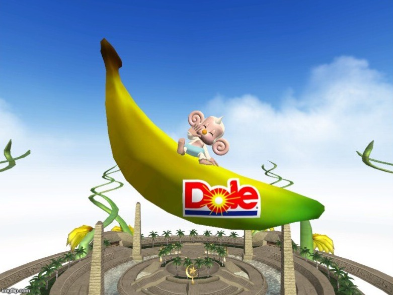 Baby waves at the player at the banana shrine while sitting on a giant banana with the Dole logo on it. | made w/ Imgflip meme maker