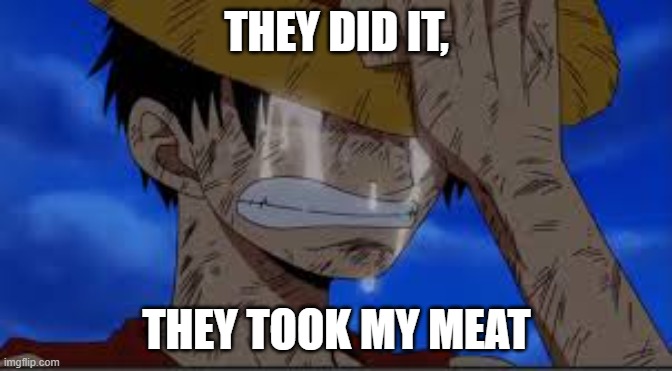 Luffy Crying | THEY DID IT, THEY TOOK MY MEAT | image tagged in luffy crying | made w/ Imgflip meme maker