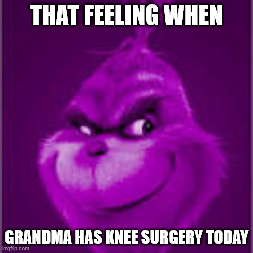 Pretend this is a witty title | THAT FEELING WHEN; GRANDMA HAS KNEE SURGERY TODAY | image tagged in purple grinch,knee surgery | made w/ Imgflip meme maker