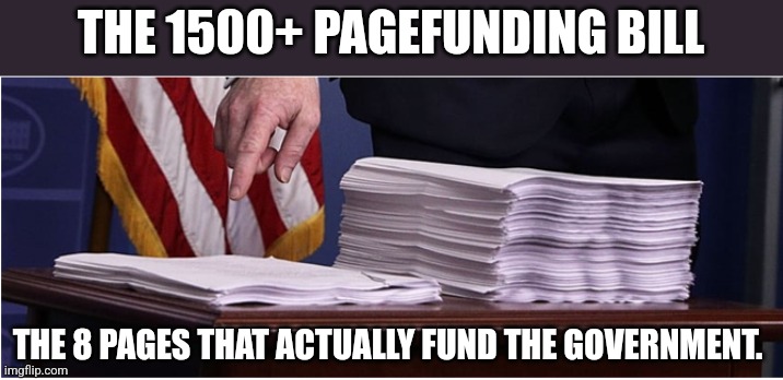 The 1500 page funding bill | THE 1500+ PAGEFUNDING BILL; THE 8 PAGES THAT ACTUALLY FUND THE GOVERNMENT. | image tagged in two stacks of paper | made w/ Imgflip meme maker