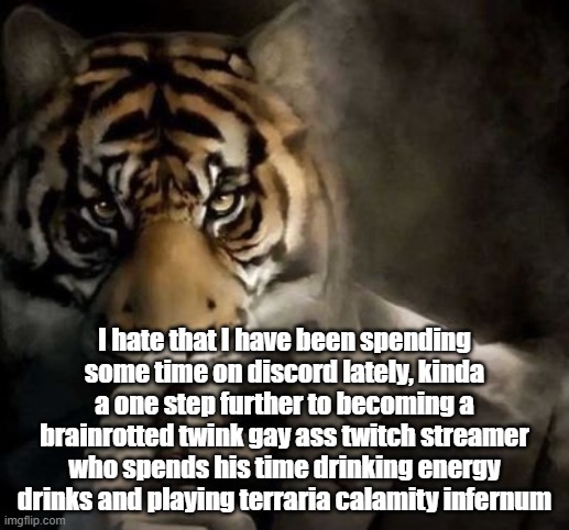 tiger smoking cigar | I hate that I have been spending some time on discord lately, kinda a one step further to becoming a brainrotted twink gay ass twitch streamer who spends his time drinking energy drinks and playing terraria calamity infernum | image tagged in tiger smoking cigar | made w/ Imgflip meme maker