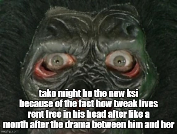 spongebob gorilla | tako might be the new ksi because of the fact how tweak lives rent free in his head after like a month after the drama between him and her | image tagged in spongebob gorilla | made w/ Imgflip meme maker