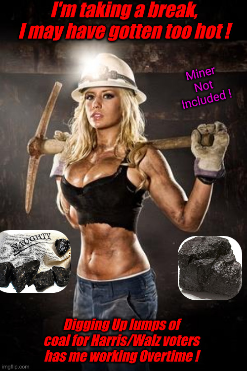 You're All Getting A Trump Lump | I'm taking a break, I may have gotten too hot ! Miner Not Included ! Digging Up lumps of coal for Harris/Walz voters has me working Overtime ! | image tagged in hot blonde coal miner,political meme,politics,funny memes,funny | made w/ Imgflip meme maker