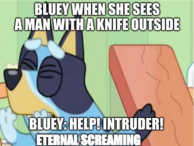 Bluey Eternal Screaming | BLUEY WHEN SHE SEES A MAN WITH A KNIFE OUTSIDE; BLUEY: HELP! INTRUDER! | image tagged in bluey eternal screaming | made w/ Imgflip meme maker