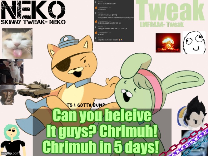 Tweak and Neko Shared temp | Can you beleive it guys? Chrimuh! Chrimuh in 5 days! | image tagged in tweak and neko shared temp | made w/ Imgflip meme maker