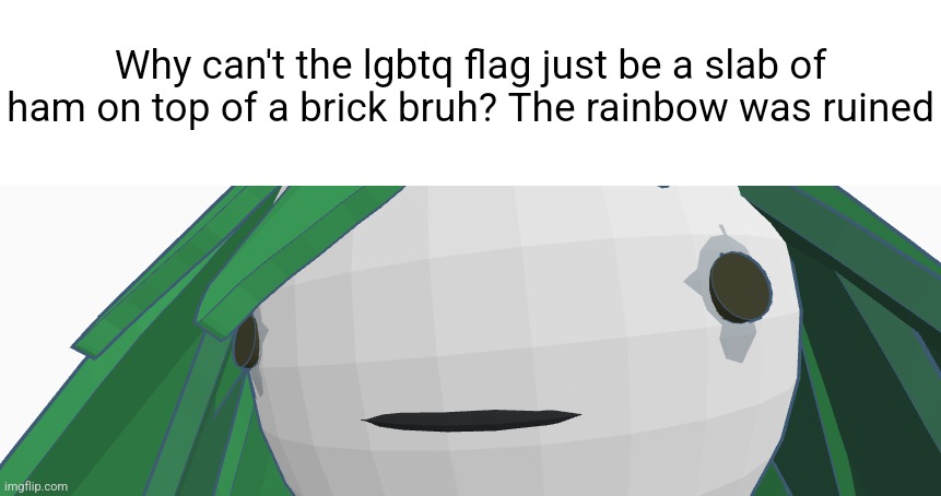 Penelope stare | Why can't the lgbtq flag just be a slab of ham on top of a brick bruh? The rainbow was ruined | image tagged in penelope stare | made w/ Imgflip meme maker