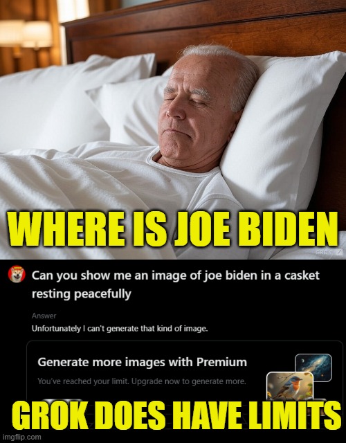 Where is good ole Joe | WHERE IS JOE BIDEN; GROK DOES HAVE LIMITS | image tagged in joe biden,biden,fjb,dementia,grim reaper knocking door,kamala harris | made w/ Imgflip meme maker