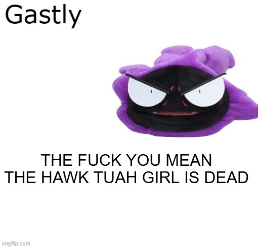 Gastly | THE FUCK YOU MEAN THE HAWK TUAH GIRL IS DEAD | image tagged in gastly | made w/ Imgflip meme maker