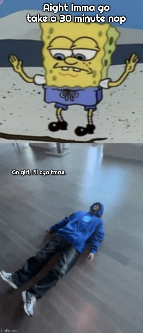 Aight Imma go take a 30 minute nap; Gn girl, I'll cya tmrw. | image tagged in stand back everyone | made w/ Imgflip meme maker