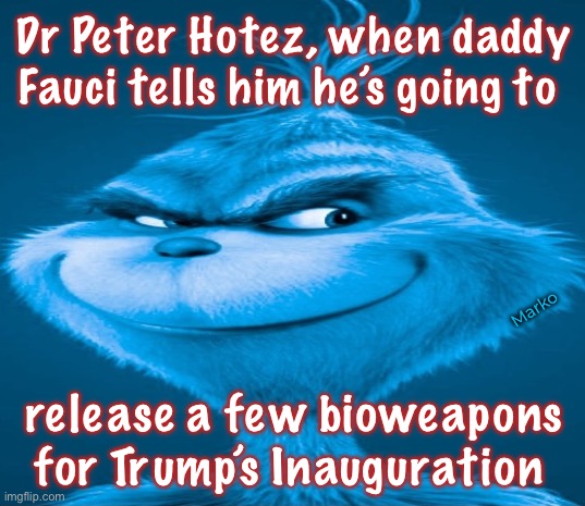 Ever seen this sniveling little freak, Hotez? | Dr Peter Hotez, when daddy Fauci tells him he’s going to; Marko; release a few bioweapons
for Trump’s Inauguration | image tagged in blue grinch,hotez looks like an evil pedo,perfect to represent dems,he wants to lock u up for your opinions,fjb voters kissmyass | made w/ Imgflip meme maker