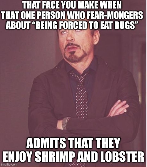 Face You Make Robert Downey Jr Meme | THAT FACE YOU MAKE WHEN THAT ONE PERSON WHO FEAR-MONGERS ABOUT “BEING FORCED TO EAT BUGS”; ADMITS THAT THEY ENJOY SHRIMP AND LOBSTER | image tagged in memes,face you make robert downey jr | made w/ Imgflip meme maker