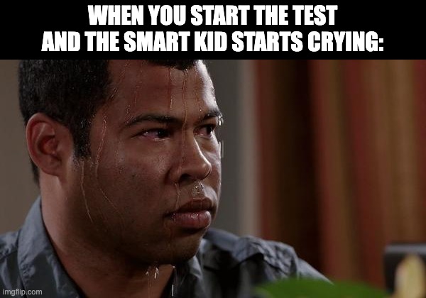 sweating bullets | WHEN YOU START THE TEST AND THE SMART KID STARTS CRYING: | image tagged in sweating bullets,memes,school memes | made w/ Imgflip meme maker