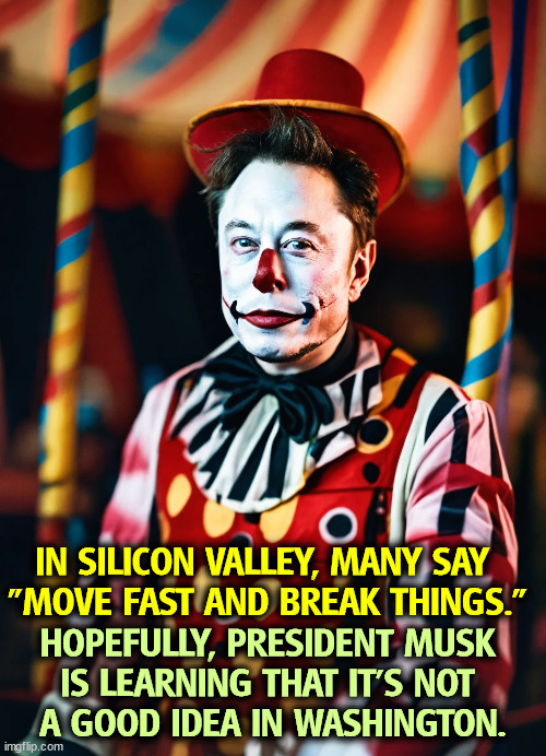 If you run government as a business, you wind up with the worst of both worlds. | IN SILICON VALLEY, MANY SAY 

"MOVE FAST AND BREAK THINGS."; HOPEFULLY, PRESIDENT MUSK 
IS LEARNING THAT IT'S NOT 
A GOOD IDEA IN WASHINGTON. | image tagged in elon musk,clown,move fast and break things,silicon valley | made w/ Imgflip meme maker