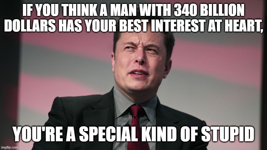 Best interest | IF YOU THINK A MAN WITH 340 BILLION DOLLARS HAS YOUR BEST INTEREST AT HEART, YOU'RE A SPECIAL KIND OF STUPID | image tagged in confused elon musk | made w/ Imgflip meme maker