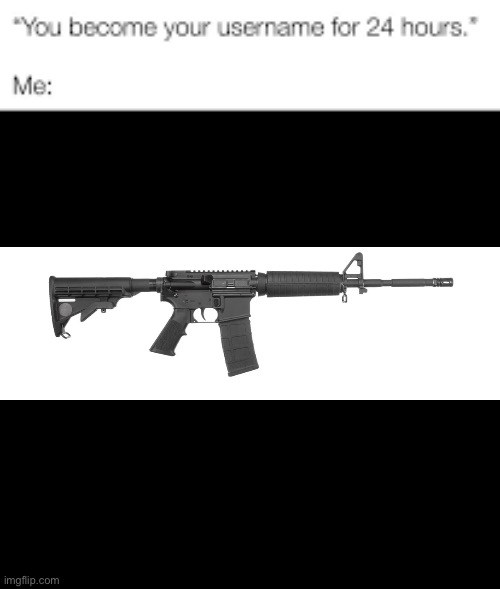 Cool, I become an assault rifle | image tagged in you become your username for 24 hours | made w/ Imgflip meme maker