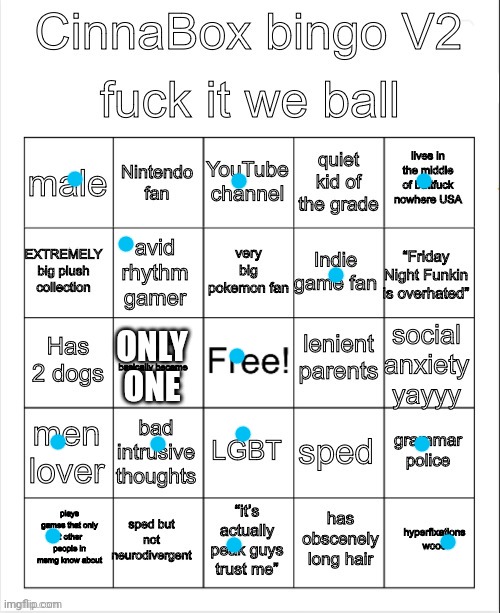 CinnaBox bingo 2 | ONLY ONE | image tagged in cinnabox bingo 2 | made w/ Imgflip meme maker