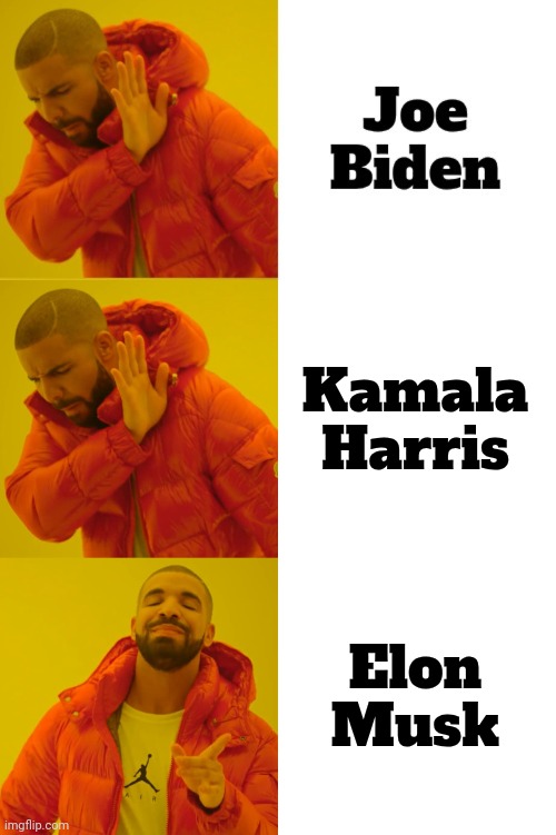 "Anyone but Trump" takes a weird turn | Kamala Harris; Elon Musk | image tagged in memes,drake hotline bling,fantasy,stupid liberals,alright gentlemen we need a new idea | made w/ Imgflip meme maker