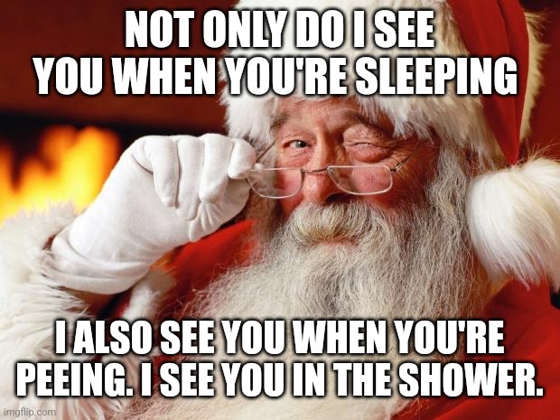 santa | NOT ONLY DO I SEE YOU WHEN YOU'RE SLEEPING; I ALSO SEE YOU WHEN YOU'RE PEEING. I SEE YOU IN THE SHOWER. | image tagged in santa | made w/ Imgflip meme maker