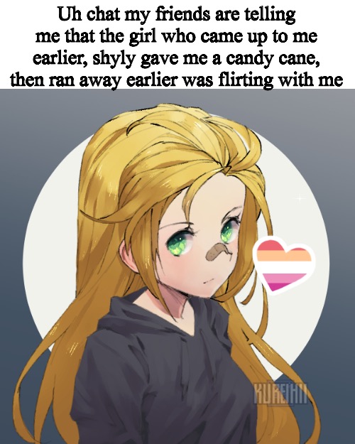 Updated Holly | Uh chat my friends are telling me that the girl who came up to me earlier, shyly gave me a candy cane, then ran away earlier was flirting with me | image tagged in updated holly | made w/ Imgflip meme maker