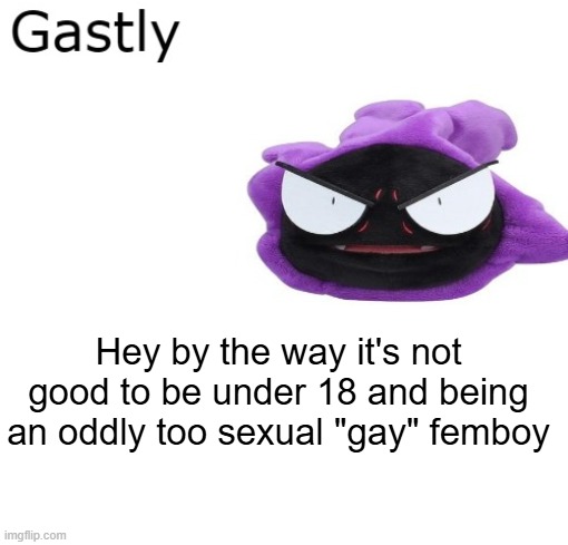 Gastly | Hey by the way it's not good to be under 18 and being an oddly too sexual "gay" femboy | image tagged in gastly | made w/ Imgflip meme maker