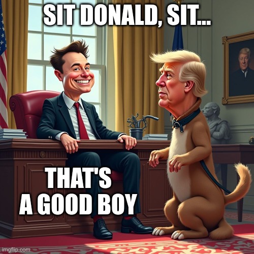 My Dog Donnie | SIT DONALD, SIT... THAT'S A GOOD BOY | image tagged in musk,trump,gop,maga dog,sold out,shadow president | made w/ Imgflip meme maker