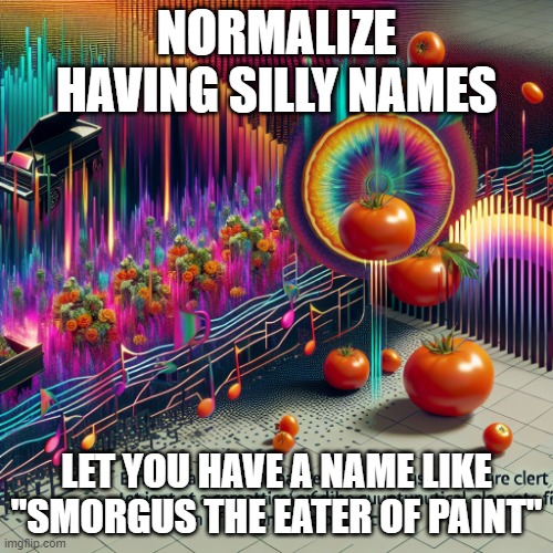 tomato expieriencies an acid trip | NORMALIZE HAVING SILLY NAMES; LET YOU HAVE A NAME LIKE "SMORGUS THE EATER OF PAINT" | image tagged in tomato expieriencies an acid trip | made w/ Imgflip meme maker