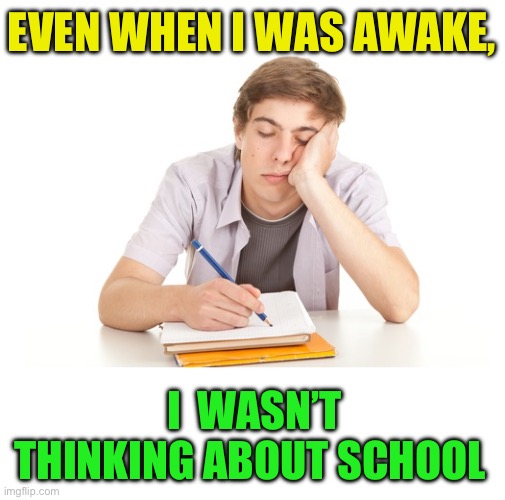 Bored university student | EVEN WHEN I WAS AWAKE, I  WASN’T THINKING ABOUT SCHOOL | image tagged in bored university student | made w/ Imgflip meme maker