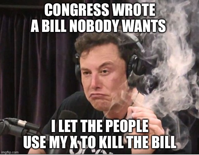 Kill Bill | CONGRESS WROTE A BILL NOBODY WANTS; I LET THE PEOPLE USE MY X TO KILL THE BILL | image tagged in elon musk smoking a joint,kill bill,congress,politics,political meme | made w/ Imgflip meme maker