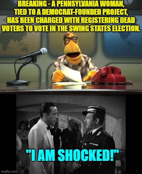 B-B-But leftists claim that this never happens! | BREAKING - A PENNSYLVANIA WOMAN, TIED TO A DEMOCRAT-FOUNDED PROJECT, HAS BEEN CHARGED WITH REGISTERING DEAD VOTERS TO VOTE IN THE SWING STATES ELECTION. "I AM SHOCKED!" | image tagged in muppet news flash | made w/ Imgflip meme maker