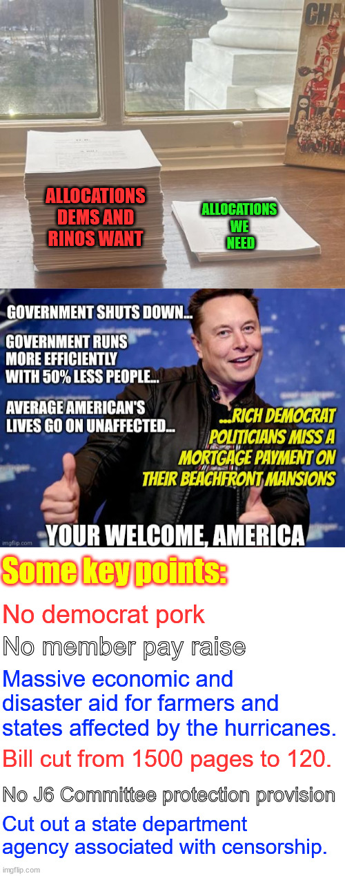 The voice of the people has triumphed! | ALLOCATIONS DEMS AND RINOS WANT; ALLOCATIONS WE
 NEED; Some key points:; No democrat pork; No member pay raise; Massive economic and disaster aid for farmers and states affected by the hurricanes. Bill cut from 1500 pages to 120. No J6 Committee protection provision; Cut out a state department agency associated with censorship. | image tagged in elon musk,doge win,congress continued resolution | made w/ Imgflip meme maker