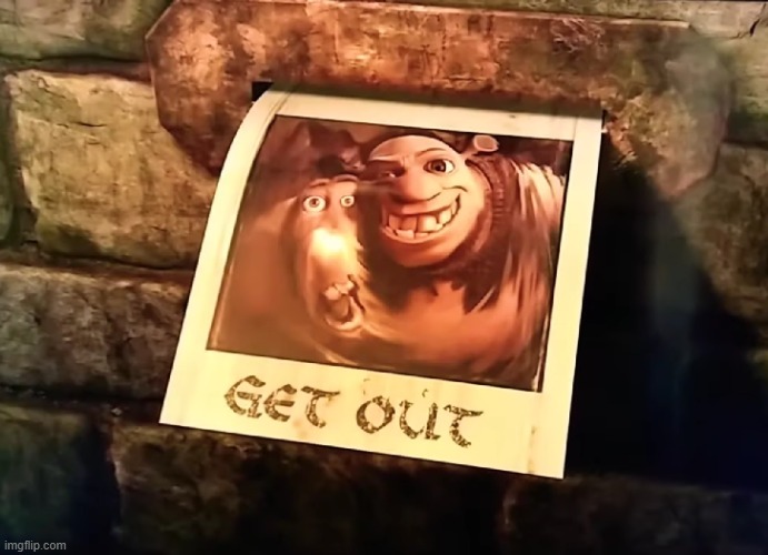 Scared Shrekless: GET OUT | image tagged in scared shrekless get out,shrek,meme,get out | made w/ Imgflip meme maker