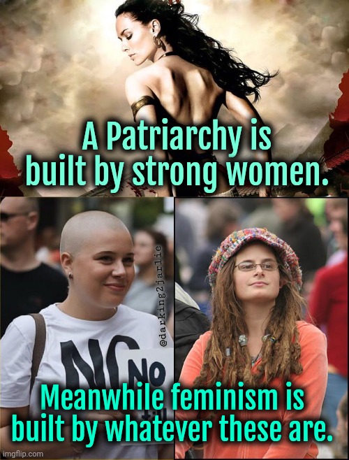 Feminist Skinheads | A Patriarchy is built by strong women. @darking2jarlie; Meanwhile feminism is built by whatever these are. | image tagged in feminism,feminist,liberals,patriarchy,women,politics | made w/ Imgflip meme maker