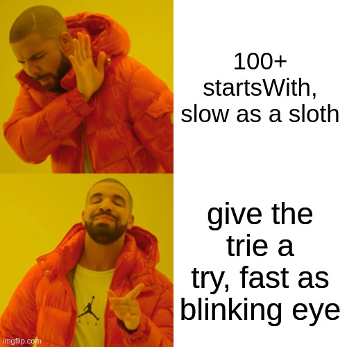 Drake Hotline Bling Meme | 100+ startsWith, slow as a sloth; give the trie a try, fast as blinking eye | image tagged in memes,drake hotline bling | made w/ Imgflip meme maker
