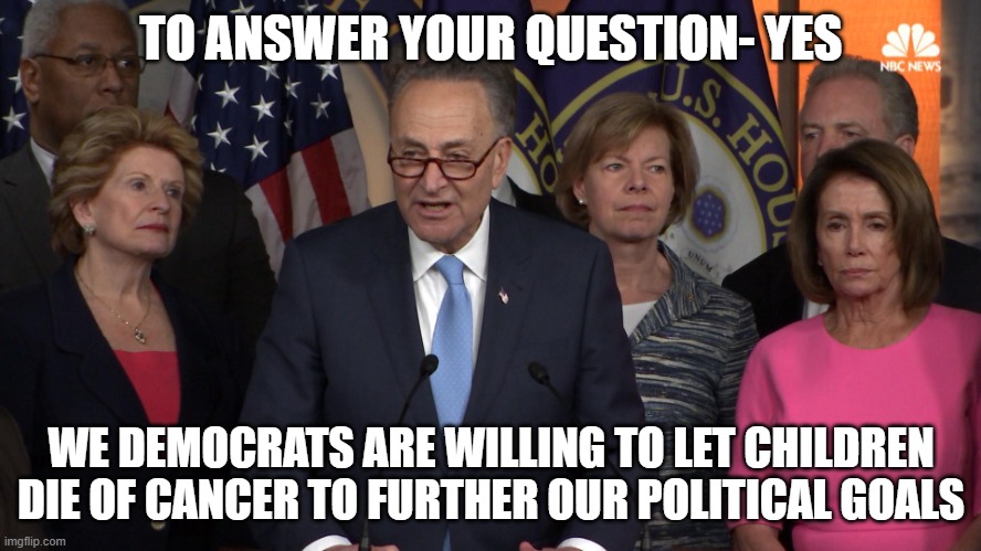 Democrat congressmen | TO ANSWER YOUR QUESTION- YES; WE DEMOCRATS ARE WILLING TO LET CHILDREN DIE OF CANCER TO FURTHER OUR POLITICAL GOALS | image tagged in democrat congressmen | made w/ Imgflip meme maker