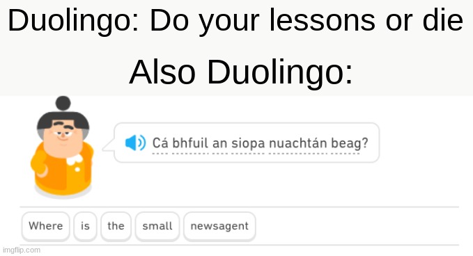 I can see why people don't do their lessons... | Duolingo: Do your lessons or die; Also Duolingo: | image tagged in memes,duolingo | made w/ Imgflip meme maker