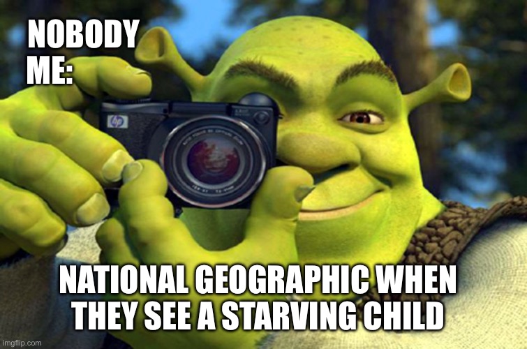 Shrek taking a picture | NOBODY
ME:; NATIONAL GEOGRAPHIC WHEN THEY SEE A STARVING CHILD | image tagged in shrek taking a picture | made w/ Imgflip meme maker