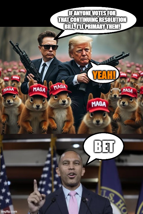 Elon and his vice president trump  | IF ANYONE VOTES FOR THAT CONTINUING RESOLUTION BILL,  I'LL PRIMARY THEM! YEAH! BET | image tagged in trump elon musk squirrels,hakeem jeffries | made w/ Imgflip meme maker