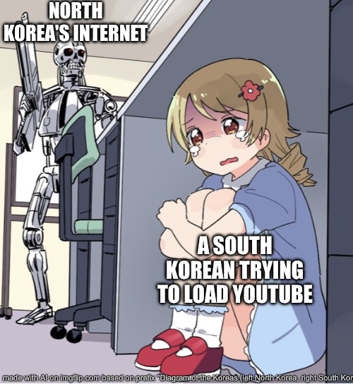 Korea Comparison | NORTH KOREA'S INTERNET; A SOUTH KOREAN TRYING TO LOAD YOUTUBE | image tagged in anime girl hiding from terminator,north korea,korean,south korea | made w/ Imgflip meme maker