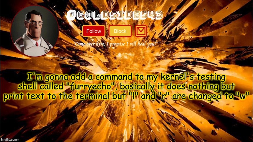 so "furryecho hello, world" would be printed as "hewwo, wowwd!" | I'm gonna add a command to my kernel's testing shell called "furryecho", basically it does nothing but print text to the terminal but "l" and "r" are changed to "w" | image tagged in gold's announcement template | made w/ Imgflip meme maker