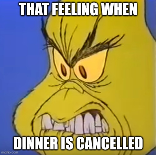 Cringe Grinch | THAT FEELING WHEN; DINNER IS CANCELLED | image tagged in cringe grinch,dinner is cancelled,newtagthatimade | made w/ Imgflip meme maker