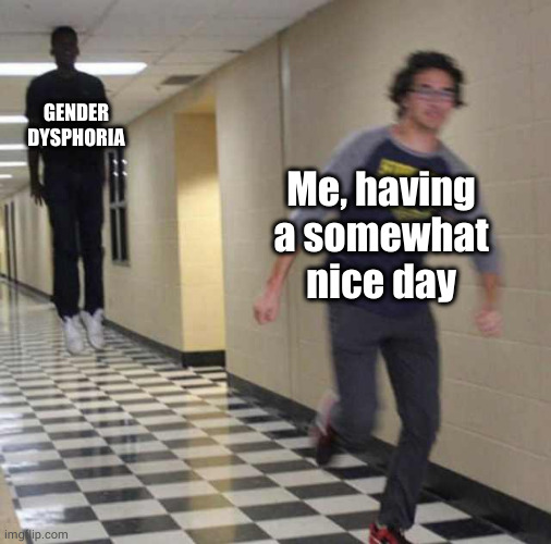 Me when dysphoria | GENDER DYSPHORIA; Me, having a somewhat nice day | image tagged in floating boy chasing running boy | made w/ Imgflip meme maker