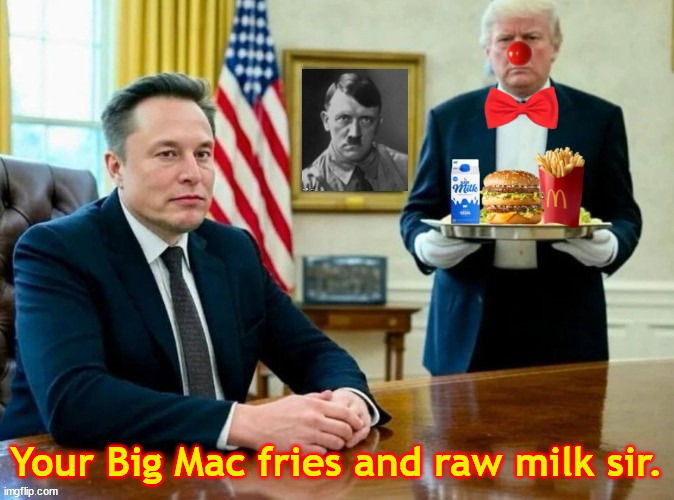 McMusk MAGA meal | Your Big Mac fries and raw milk sir. | image tagged in donald mcronald server,raw milk,big mac and fries,maga mcklown,hitler,then take out the grabage trashman | made w/ Imgflip meme maker