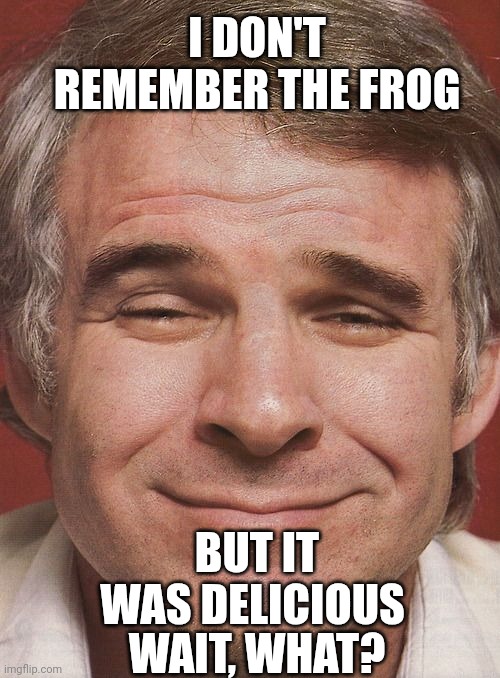 The Steve Martin Face | I DON'T REMEMBER THE FROG BUT IT WAS DELICIOUS WAIT, WHAT? | image tagged in the steve martin face | made w/ Imgflip meme maker