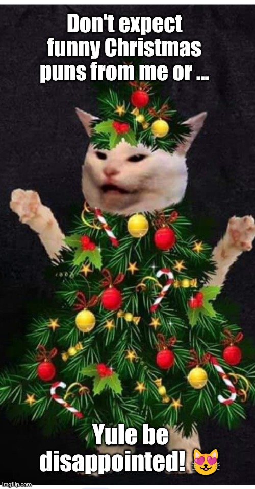 Smudge Cat Christmas | Don't expect funny Christmas puns from me or ... Yule be disappointed! 😻 | image tagged in smudge,smudge the cat,christmas,funny,lol | made w/ Imgflip meme maker